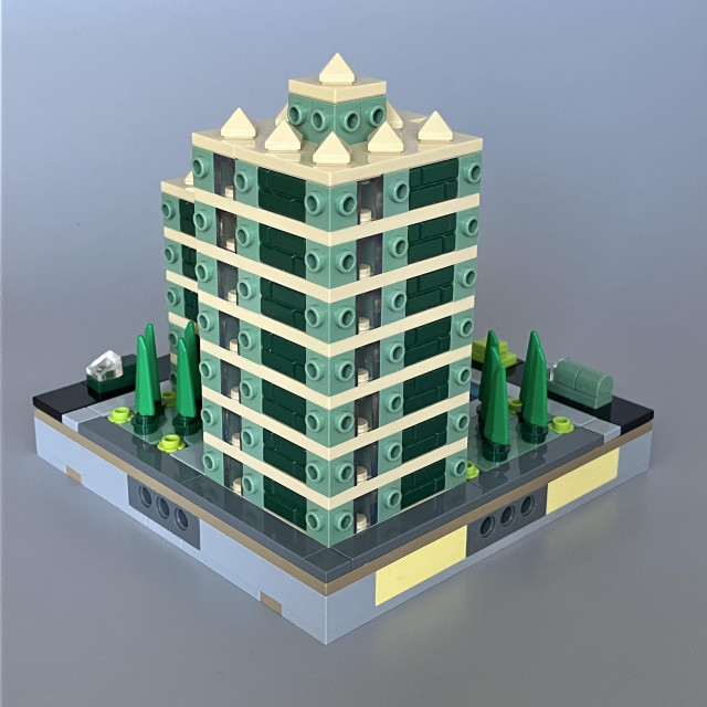 Rear of the build shows the largest block with a square footprint and very regular windows