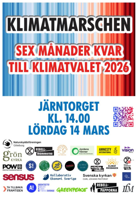En affisch med texten "Klimatmarschen — sex månader kvar till klimatvalet 2026" samt plats och datum för demon (Järntorget 14/3 kl 14). En lång lista av medarrangörer följer. Bakgrundsbilden är en diagram som visar avvikelsen från genomsnittstemperaturen över de senaste 100 åren för att illustrera den globala uppvärmningen.