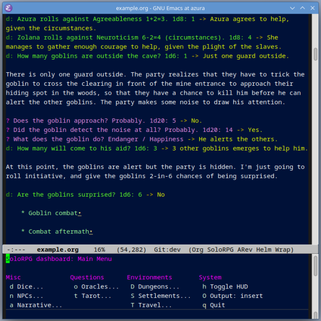 The main menu of Solo-RPG-mode in Emacs.