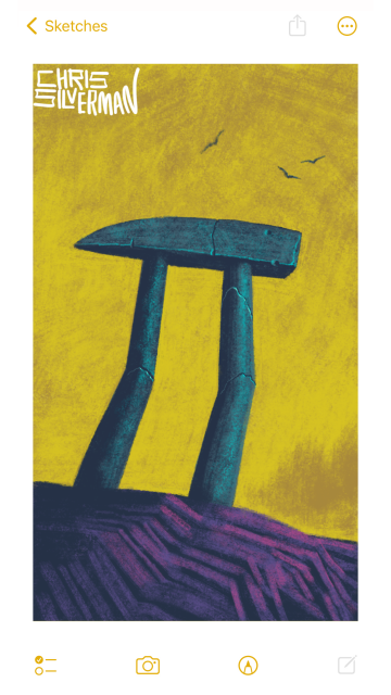 A tall, stone Greek letter pi stands against a yellow sky. The letter looks like a monument, and is slightly chipped and cracked. The ground is rocky and purple. There's a blurry yellow treeline in the background. A few birds circle above. The painting is signed "Chris Silverman".