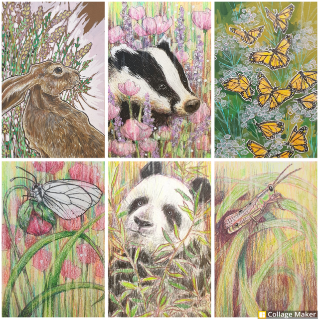 A photo collage of some of my animal and insect art:
a hare, a badger with pink flowers, monarch butterflies, a black-veined white butterfly, a panda and a grasshopper. 