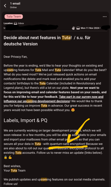 A screenshot of the Tuta Android app of an email from the 11th of November 2024. The email has the words "quantum-safe encryption" underlined with and arrow pointing at them