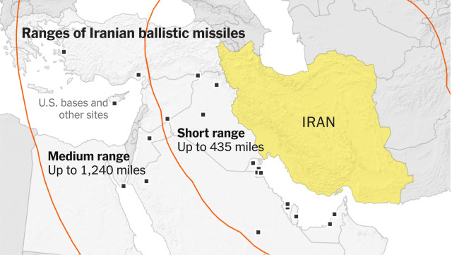 Map of ranges of Iranian missiles 