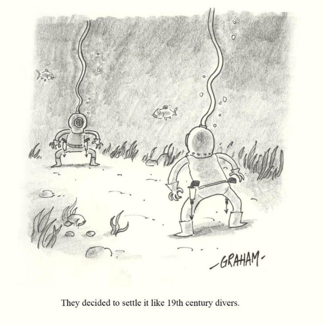 A cartoon illustration of two 19th century divers having a gun duel underwater. Caption reads "They decided to settle it like 19th century divers."