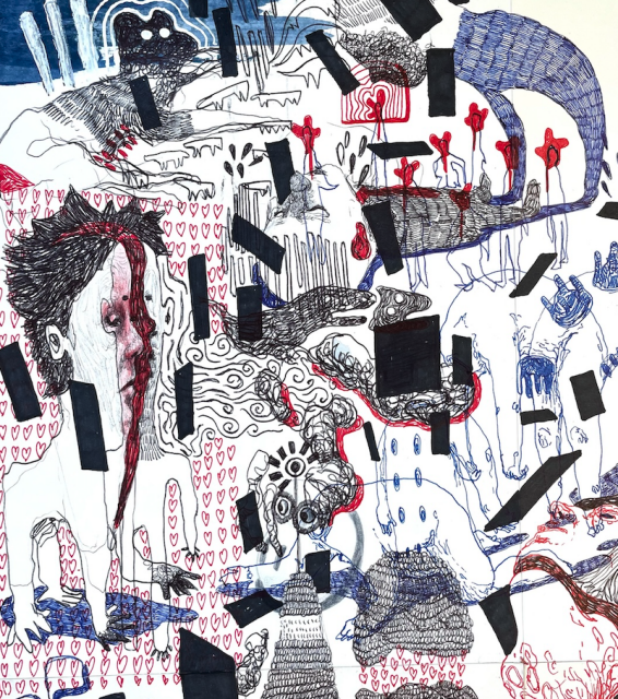 Drawing on paper depicting anthropomorphic figures and animals immersed in a cloud of electronic devices such as smartphones and tablets.