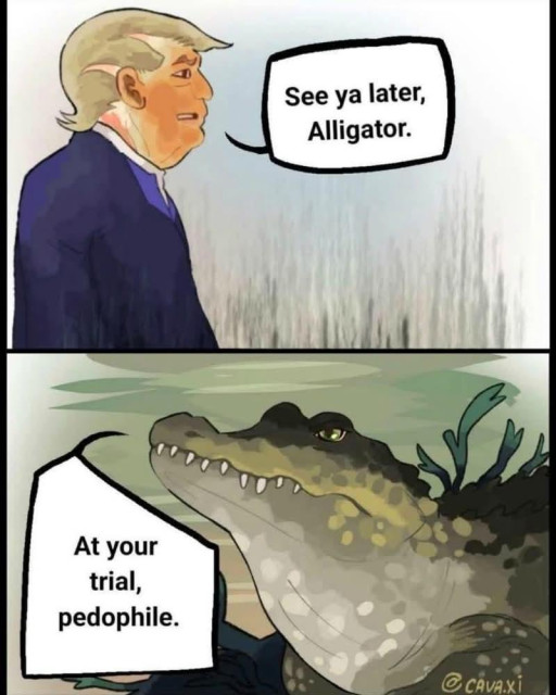 Political cartoon of trump standing on the edge of a swamp. “See ya later,
Alligator.”
Looking up from under the water, an alligator “ At your trial, pedophile” 
@cava.xi

