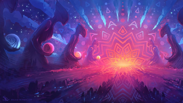 We are on an alien planet. A psychedelic sun in the far distance catches our attention. Cities are aligned to the sunbeams, reaching far into the distance. Giant stone statues are worshipping the sun. On the left, they are holding planets with different colorations from blue to yellow. On the right, the statues have empty hands. Do they take turns with this precious responsibility? The clouds follow the sun, and stars shine brightly.

https://www.deviantart.com/sylviaritter/art/Speedpainting-01122025-1270235963