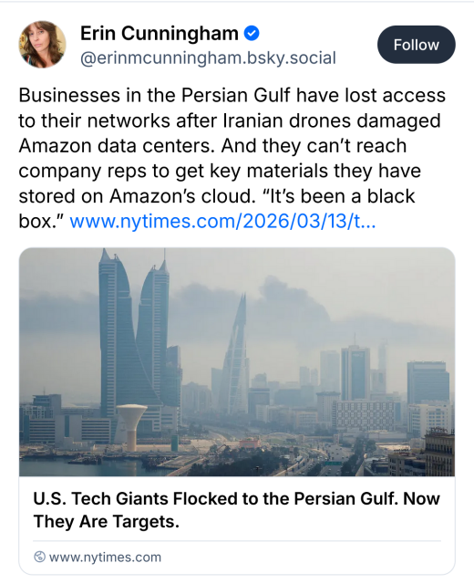 Business in the Persian Gulf have lost access to their networks after Iranian drones damaged Amazon data centers. And they can't reach company reps to get key materials they have stored on Amazon's cloud. "It's a black box".
