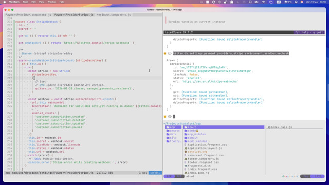 Full-screen screenshot (macOS) of a maximised WezTerm window split into two panes side-by-side, with the one on the left holding a Helix Editor instance with a file called PaymentProviderStripe.js loaded in it showing the source of a class called StripeWebhook at line 201 with code to set up a webhook endpoint in Stripe using the Stripe API and save the resulting webhook endpoint details, including its secret, url, etc.

The right-hand pane is split into three panes stacked on top of each other. The top one is running LocalXpose, the middle one has Kitten Shell open, showing the object at kitten.db.settings.payment.providers.stripe.environment.sandbox.webhook:

Proxy [
StripeWebhook {
id: 'we_1TBYMjI8i72FxrqiPT6g0xFH'
secret: 'whsec_SnpgNSw9TkYQS2HervZBl8vFxuMIy8Qm' ,
LiveMode: false, status:
'enabled',
url: 'https://dev.ar.al/stripe-webhooks'
｝.
get: [Function: bound getHandler], set: [Function: bound setHandler], defineProperty: [Function: bound definePropertyHandler], deleteProperty: [Function: bound deletePropertyHandler]
}
]

The last pane is running Yazi, showing a three-column layout of the files at ~/Projects/catalyst/app