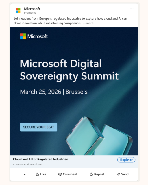 Screenshot of a Microsoft promoted post on LinkedIn to promote, "Microsoft Digital Sovereignty Summit"