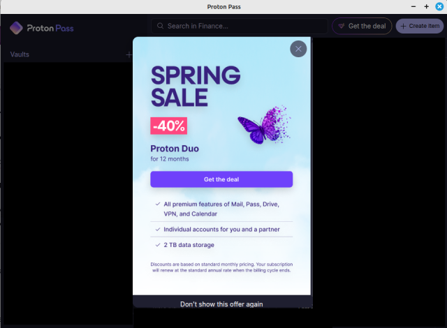 Screenshot of the Debian Proton Pass desktop application it is showing an ad for something I didn't read because fuck these people.