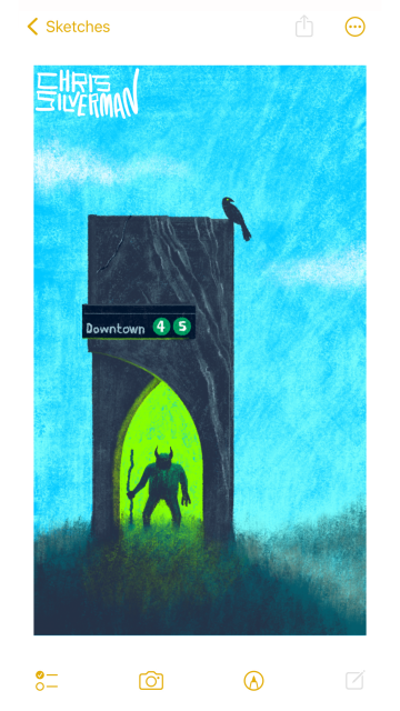 A grassy hill under a blue sky. On top of the hill is a rectangular granite structure with an arched doorway in the middle of it. The doorway reveals a glowing green interior, even though the rectangular structure looks more like a slab than a building. Framed in the doorway, or portal, is a hunched figure with horns and a walking staff. Above the doorway is a black sign with white lettering that says "Downtown", followed by the numbers 4 and 5 in green circles. Anyone familiar with New York City subway signage will probably recognize these. Perched on top of the granite block is a black bird with a green eye. There are a few white clouds in the sky, and a blurry hill in the distance. The painting is signed "Chris Silverman".