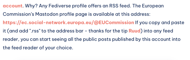 a screenshot from my blog post with an edited sentence that now reads: "If you copy and paste it (and add ".rss" to the address bar - thanks for the tip Ruud)" and links to Ruud's Mastodon profile