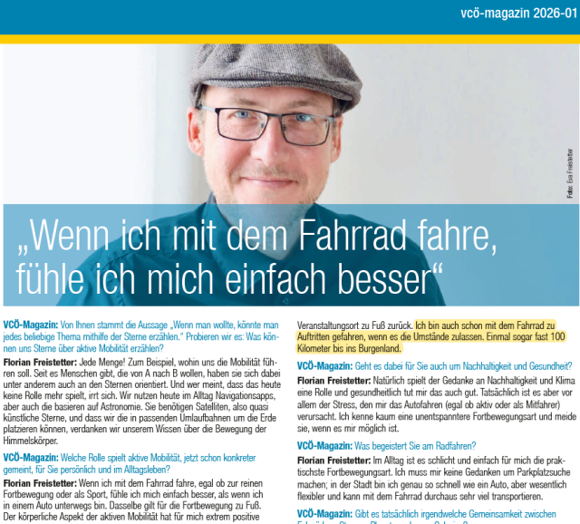 Ausschnitt aus VCÖ-Magazin, Foto von Florian Freistetter mit Überschrift "Wenn ich mit dem Fahrrad fahre, fühle ich mich einfach besser." und Interview mit ihm, nachzulesen hier https://vcoe.at/news/details/florian-freistetter-direkt-gefragt