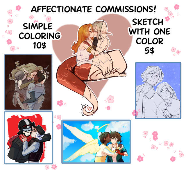 Price list for affectionate commissions. Simple coloring is 10$ and sketch with one color is 5$.
The images show different ocs kissing: snake lady and her elf girlfriend, two men, on top of another, one man with a skull instead of head and a guy in a hat, one guy with bright wings and a guy with red hand  