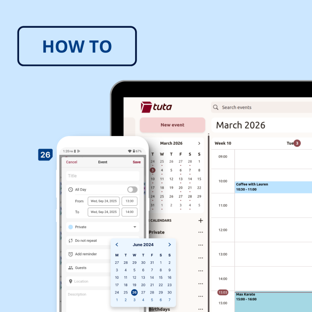 Picture shows screen of a phone and computer with Tuta Calendar.