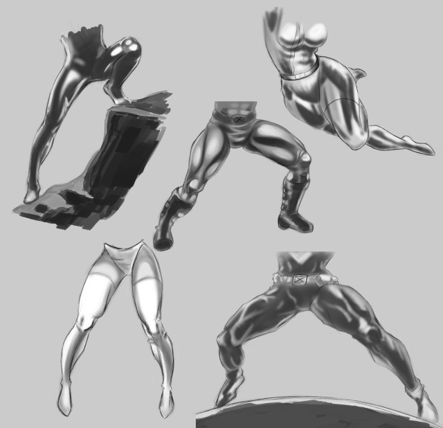 a set of digital art studies, mostly from  the waist down, of superheroes with exaggerated leg anatomy, done in gray tones 