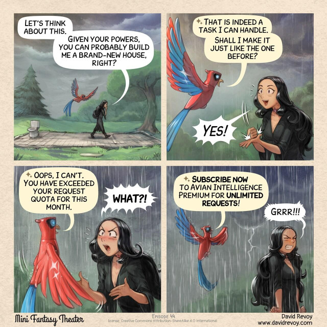 A comic in four panels:

Panel 1. The Gothic Sorceress paces back and forth on the foundation of her house: all that remains are the floor tiles and the outlines of the walls. The Avian Intelligence (AI) flies while watching her. In the distance, a storm is approaching: lightning streaks across the sky.  
> Gothic Sorceress: “Let’s think about this. Given your powers, you can probably build me a brand-new house, right?”  

Panel 2. Close-up: the stoic Avian Intelligence and the Gothic Sorceress, cheerful and excited by the good news, as a few raindrops fall.  
> Avian Intelligence: “That is indeed a task I can handle. Shall I make it just like the one before?”  
> Gothic Sorceress: “Yes!”

Panel 3. Same shot, Avian Intelligence seems to have shifted into a different mode. The Gothic Sorceress is shocked and protests, exclaiming.  
> Avian Intelligence: “Oops, I can't. You have exceeded your request quota for this month.”  
> Gothic Sorceress: “WHAT?!”

Panel 4. Under now heavy rain, the Gothic Sorceress has turned her back and is trying to contain her intense anger, clenching her fists. Avian Intelligence continues its sales pitch:  
> Avian Intelligence: “Subscribe now to Avian Intelligence Premium for unlimited requests!”  
> Gothic Sorceress: “Grrr!!!!”