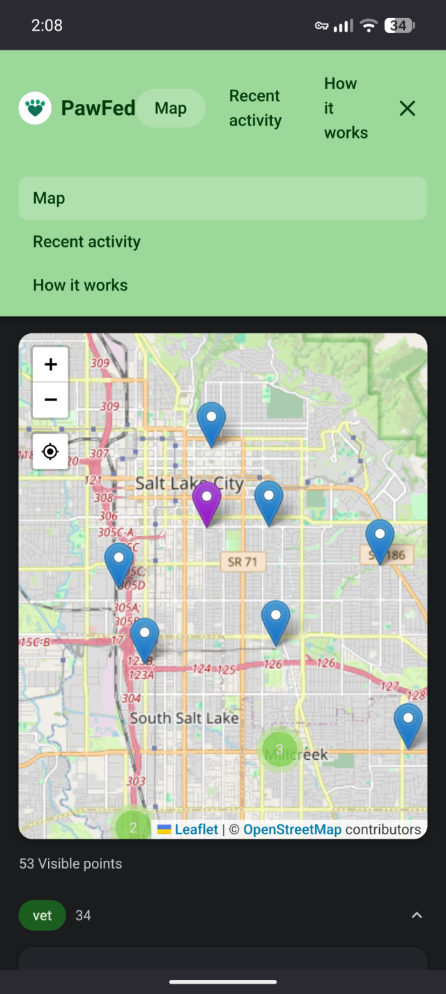 PawFed view of Open StreetMap showing several place markers in green, blue, and purple. A note below states 53 visible points.