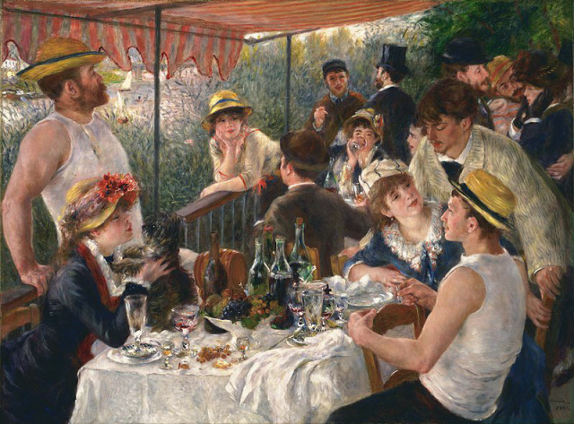 The painting, combining figures, still-life, and landscape in one work, depicts a group of Renoir's friends relaxing on a balcony at the Maison Fournaise restaurant along the Seine river in Chatou, France. On the table is fruit and wine. The diagonal of the railing serves to demarcate the two halves of the composition, one densely packed with figures, the other all but empty, save for the two figures of the proprietor's daughter Louise-Alphonsine Fournaise and her brother, Alphonse Fournaise, Jr, which are made prominent by this contrast. In this painting Renoir has captured a great deal of light. The main focus of light is coming from the large opening in the balcony, beside the large singleted man in the hat. The singlets of both men in the foreground and the table-cloth all work together to reflect this light and send it through the whole composition. 