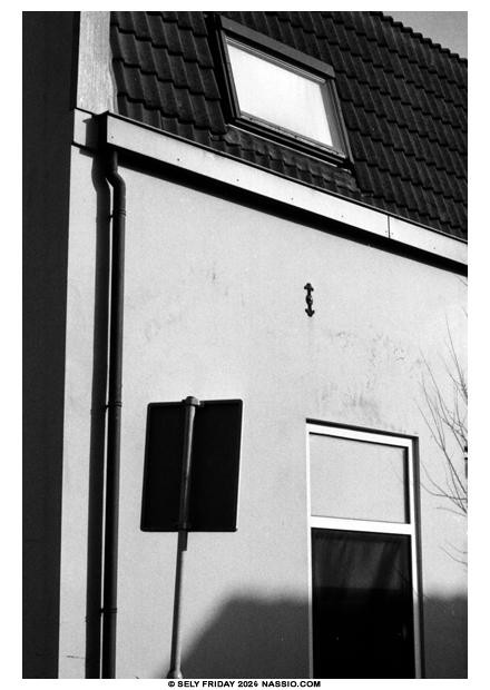 Black and white photograph of the side of a white house with two windows, one black and one white. On the darker tiled roof of the house is another window that looks white. In front of the house is street sign that is half in black shadow. 