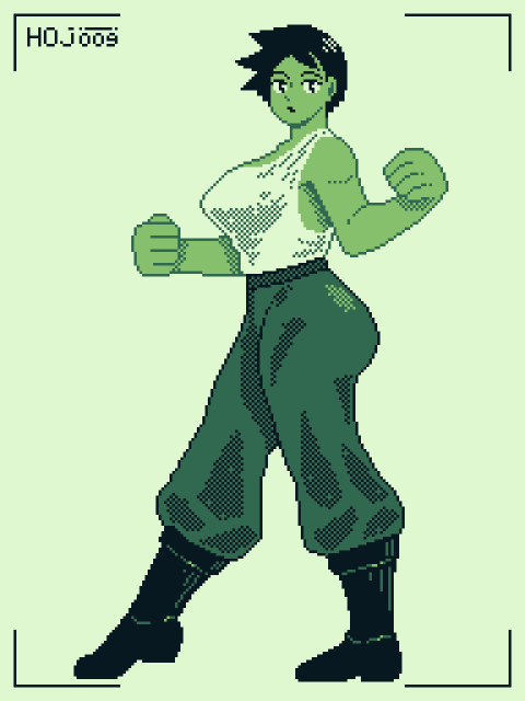 Pixel sprite of a fit woman, short black hair, wide pants, white tank top and boots.