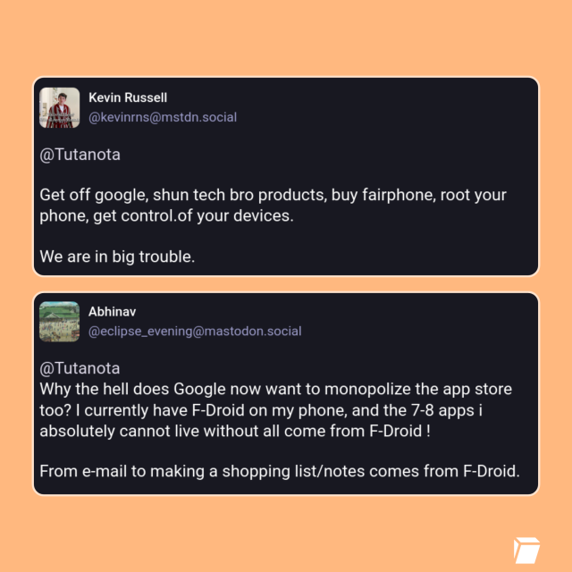 Two screenshots of Mastodon posts where people complain about Google killing Android freedom.