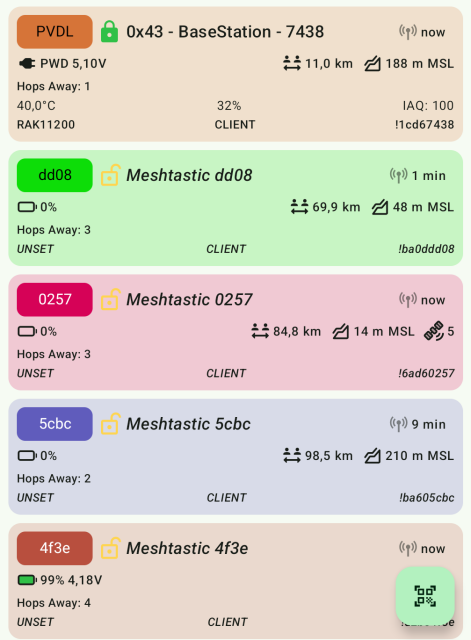 Verschiedene Meshtastic Nodes in einer Liste