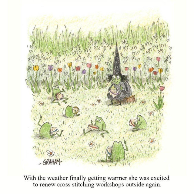 A cartoon illustration of a witch holding a cross stitch workshop attended by a group of frogs outside. Caption reads "With the weather finally getting warmer she was excited to renew cross stitching workshops outside again."