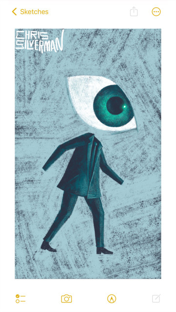 A figure wearing a dark greenish suit and tie walks in an empty, light blue space. The figure has no hands and no head. Where the figure's head would be is a very large eye with a greenish iris. The painting is signed "Chris Silverman".