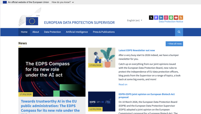 A screenshot of the homepage of the European Data Protection Supervisor. There is a top navigation menu, links to articles and if you notice in the top right corner of the screen there is a social media navigation bar with a link to their Mastodon profile