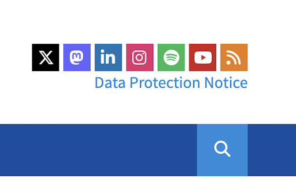 a close-up image of the social media navigation bar in the upper right corner of the screen of their website, showing the icons of (from left to right): X, MASTODON, LinkedIn, Instagram, Spotify, YouTube and RSS