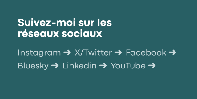 a screenshot of Emmanuel Grégoire's website with the text : "follow me on social media" (in French) and links to Instagram, X, Facebook, Bluesky, LinkedIn and YouTube
