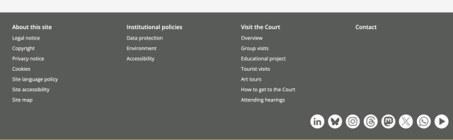 a screenshot of the website of the European Court of Justice showing the footer. there are four columns, the first one on the right says contact and below it, overflowing, there is a row of social media icons showing Big Tech platforms but also Mastodon