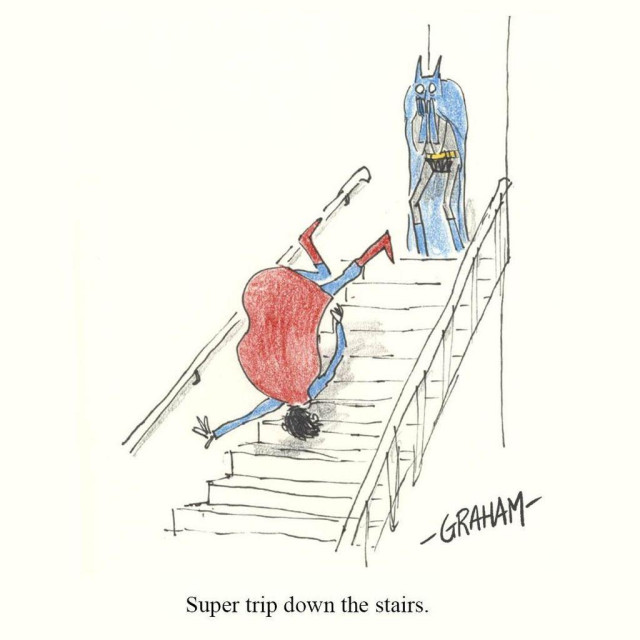 A cartoon illustration of Superman falling down a staircase as a horrified Batman watches from the top. Caption reads "Super trip down the stairs."