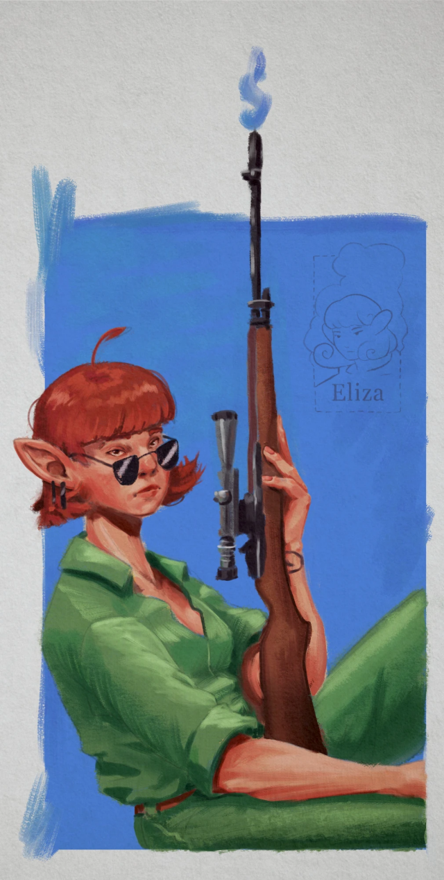 A painting of a moody / sleepy elf sitting in a frame with a M21 rifle propped up on her leg pointing to the sky. She's wearing military uniform and sunglasses, looking all cool. There's a bit of smoke coming out of the tip of the gun.