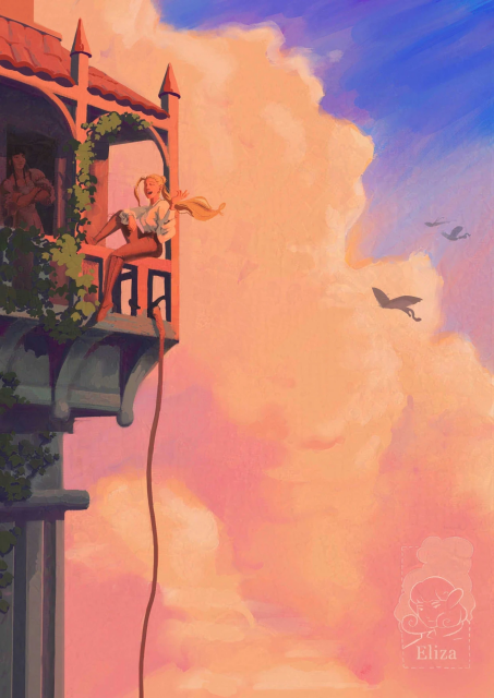a scenic painting of a balcony in front of a backdrops of pink clouds blue skies. 
Mihoko, my OC, is sitting on the balcony railing, striking a cocky pose and talking to my other OC, Celdervinn, who is standing in the doorframe raising an eyebrow at Miho, grinning. There is a rope with a hook hanging from the railing.
The painting has a very warm fluffy feeling to it.
