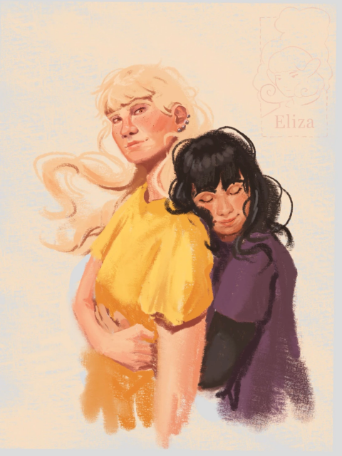 A portrait painting of two women. Haruna is hugging Yukari from behind, Yukari looks very smug about it. 
The characters belong to shinmera.