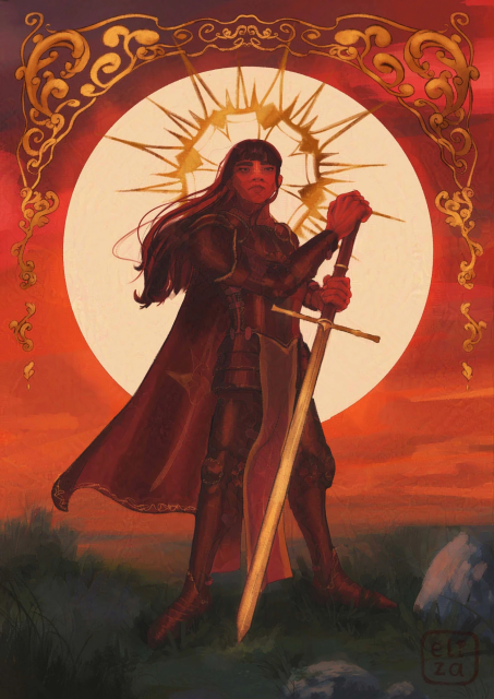 An illustration of my OC Celdervinn as a Knight. Shes standing on grass in front of the sunset which is giving her a strong silhouette to her proud pose. Shes resting her hands on a Zweihänder which is glowing like gold. There is a decorative frame on the top part of the painting. The colours are mostly reds, grey greens and yellow/gold.