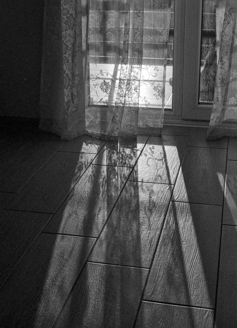 Sunlight streams through a window with sheer lace curtains, casting soft, patterned shadows onto a wooden floor. The delicate floral texture of the fabric blends with the grain of the floorboards, creating layered light and shadow in a quiet, intimate interior scene.