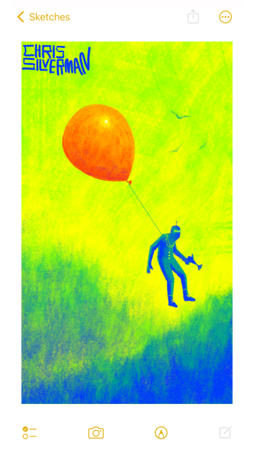 A grassy, bluish-green landscape under a blazing yellow sky. Descending from the sky, attached to a large red balloon, is a blue figure wearing a futuristic space suit. The suit has yellow dots and buttons, and the figure is holding something that looks like a 1950s sci-fi raygun. A few birds circle in the sky in the distance. The painting is signed "Chris Silverman".