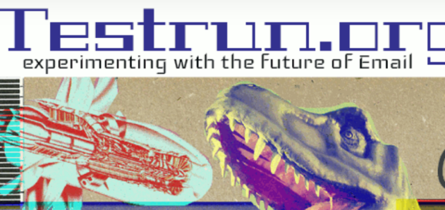 Top part of the https://testrun.org web page with the motto "experimenting with the future of email". Below is a dinosaur head with an open mouth about to swallow a zeppelin 