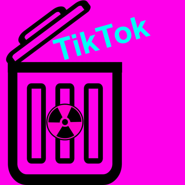 Design featuring a radioactive garbage can on a pink background, with the teal word TikTok thrown inside.