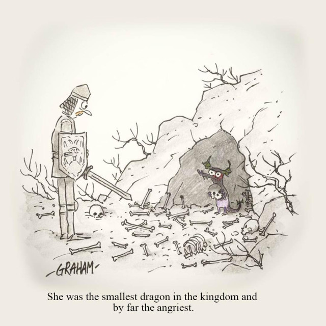 A cartoon illustration of a dumbfounded knight looking at a tiny dragon holding a skull at the entrance of a cave littered with bones. Caption reads "She was the smallest dragon in the kingdom and by far the angriest."