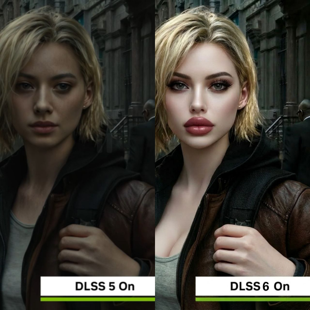 A visual comparison of NVIDIA's DLSS AI tech, where the right side is even worse AI slop than the left side.