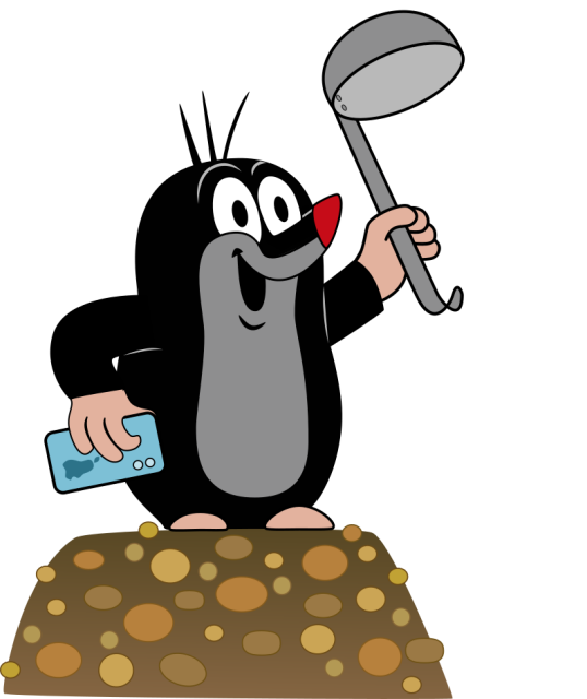 Lilla mullvaden håller i en slev och en mobiltelefon och bjuder in till kampanjmaten!