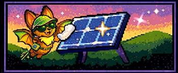 Squeak is a cool bad that is cleaning a solar panel, in the background are rolling hills.