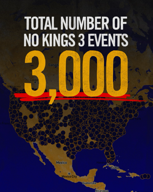 (over an image of the map of 3,000 No Kings protests planned for March 28) TOTAL NUMBER OF NO KINGS 3 EVENTS 3,000