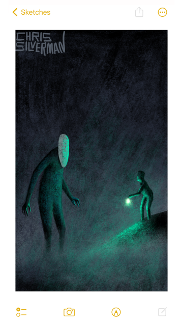 A small, childlike person stands on a dark shore or small hillside on a dark, gray night. The ground is heavy with fog. The person holds a glowing lantern that casts a greenish light all around. Looming out of the fog, in front of the person on the shore, is a tall dark figure with a featureless white mask over its face. The mask has no holes. The painting is signed "Chris Silverman".