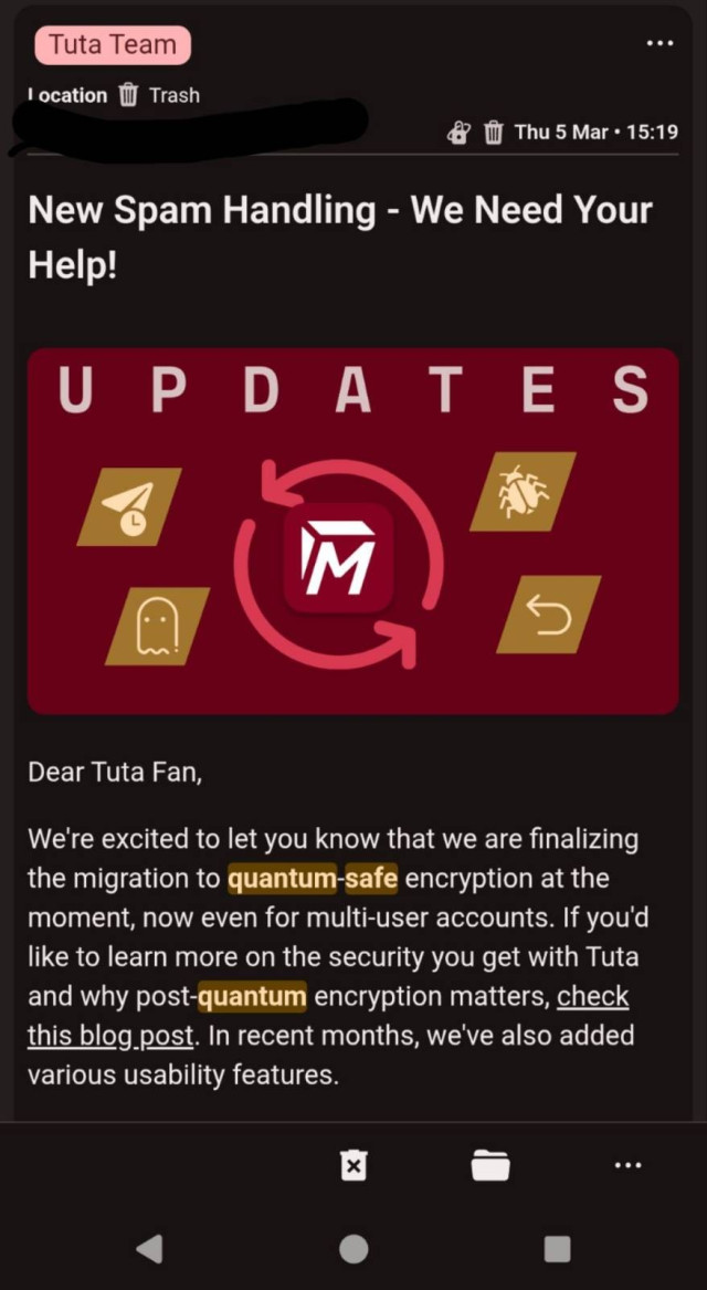 Screenshot of an update email from the Tuta Team